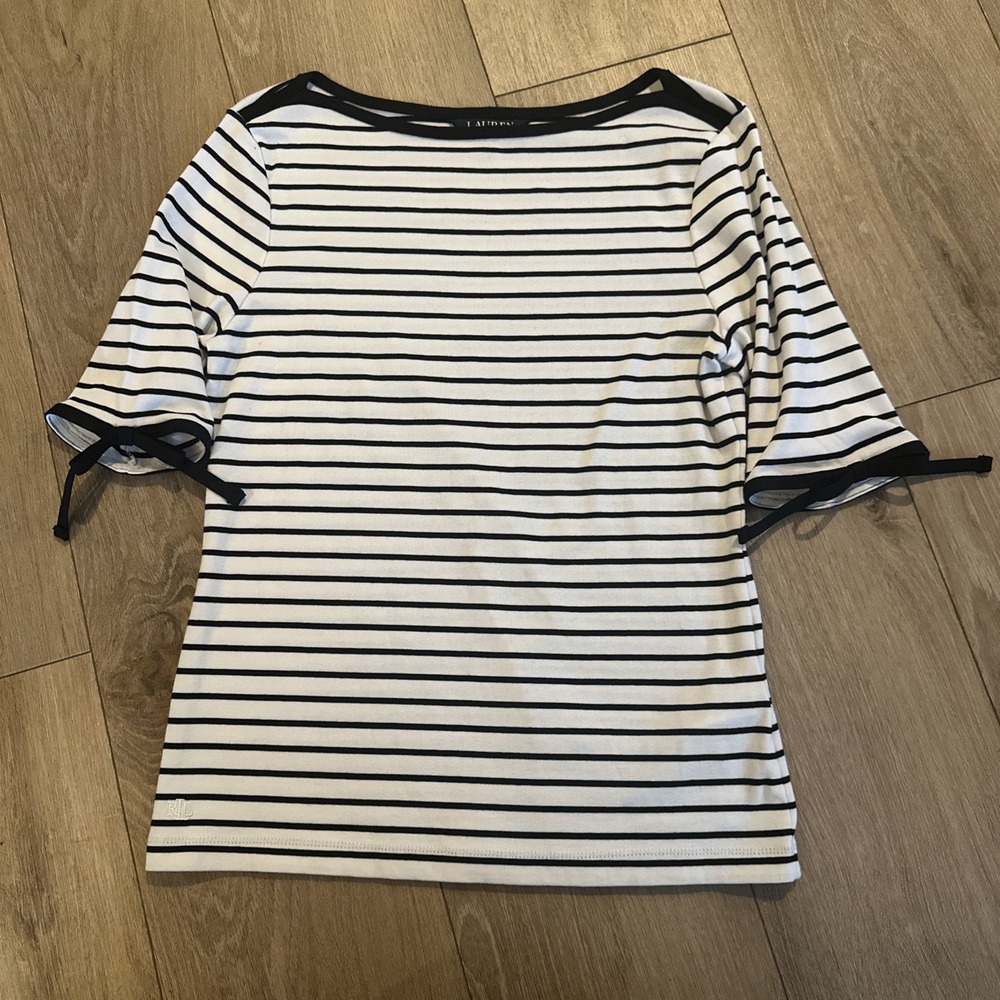 Lauren Ralph Lauren Women's Striped Boat Neck Bow Sleeve Top‎ Size Petite Medium